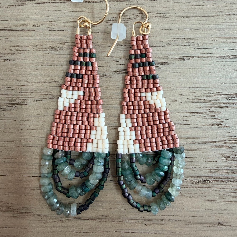 Handcrafted Beaded Earrings in Green and Pink